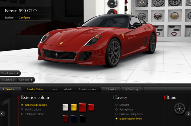Haciendo click sobre esta imagen se accede al configurador on-line de Ferrari para elegir la pintura y los accesorios que mas se ajusten a tu gusto. Adelante y mucha suerte...